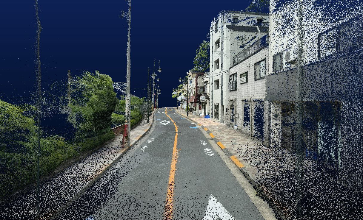 LRTK Phoneでスキャンした道路と建物の高精細な点群データ